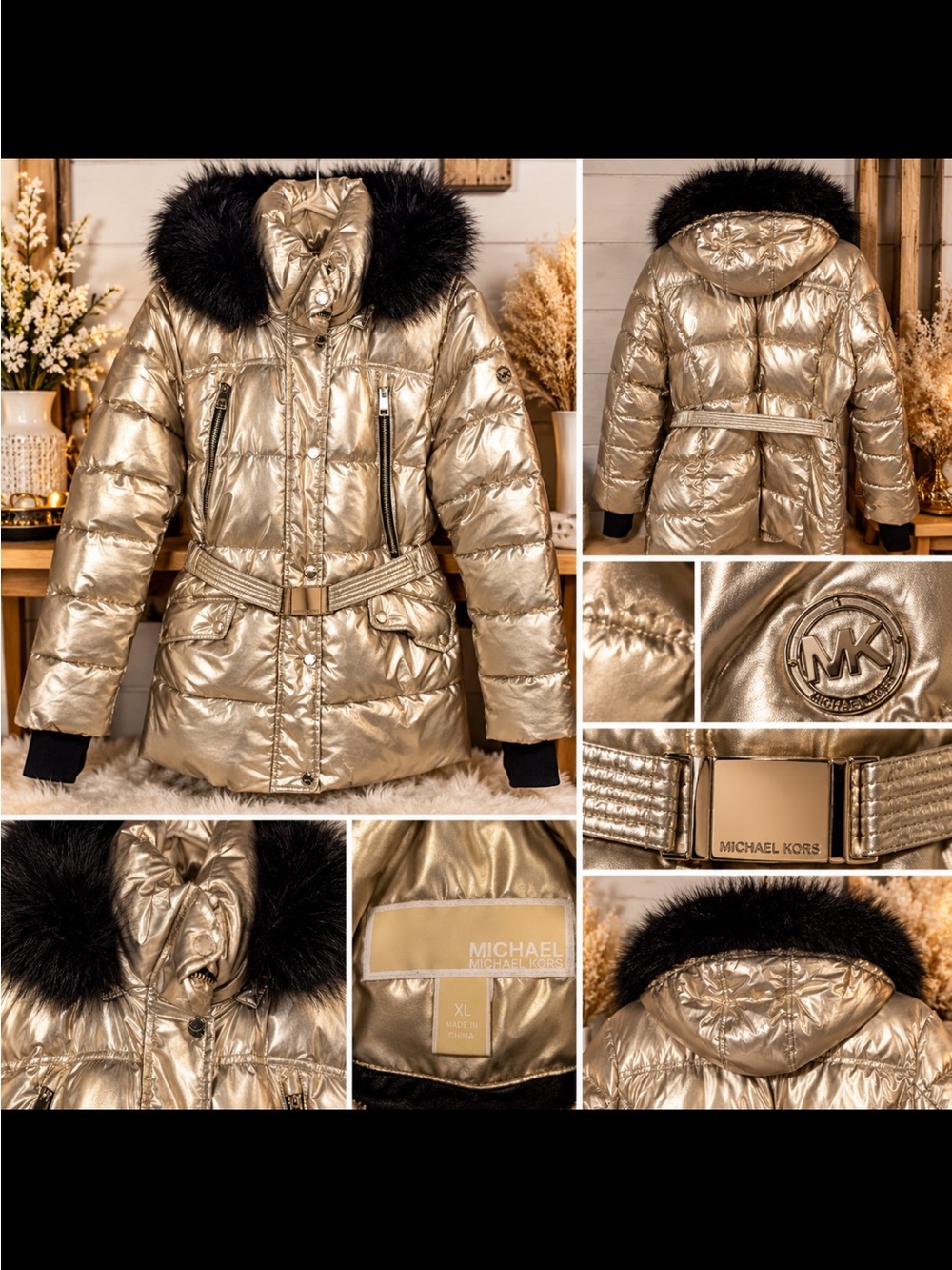 Michael Kors Metallic Gold Puffer Coat with Black Faux Fur Hood